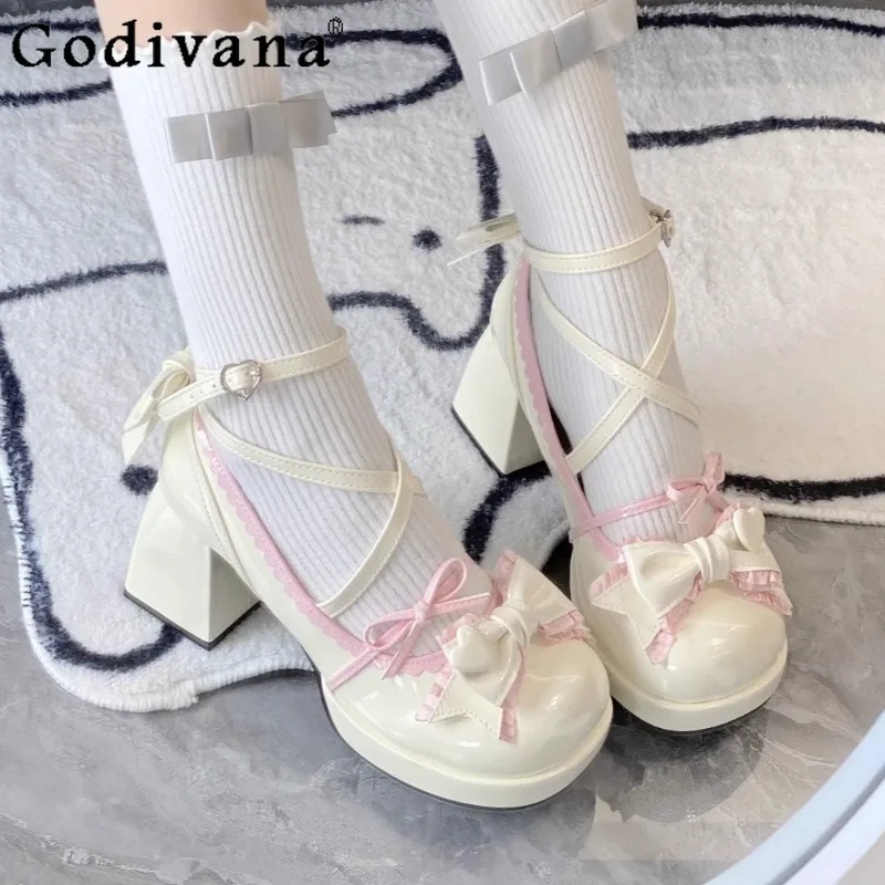 

Sweet Lolita High Heels Shoes for Women Chunky Heel Round Toe Lolita Shoes Female Summer Cute Blue Lolita Leather Shoes