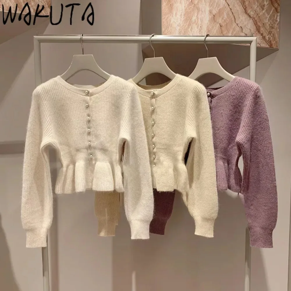 Wakuta Lantern Sleeve O Neck Sweet Jumper Fresh Single Breasted Slim Fit Sweaters Japan Knit Casual Elegant Wavy Edge Tops