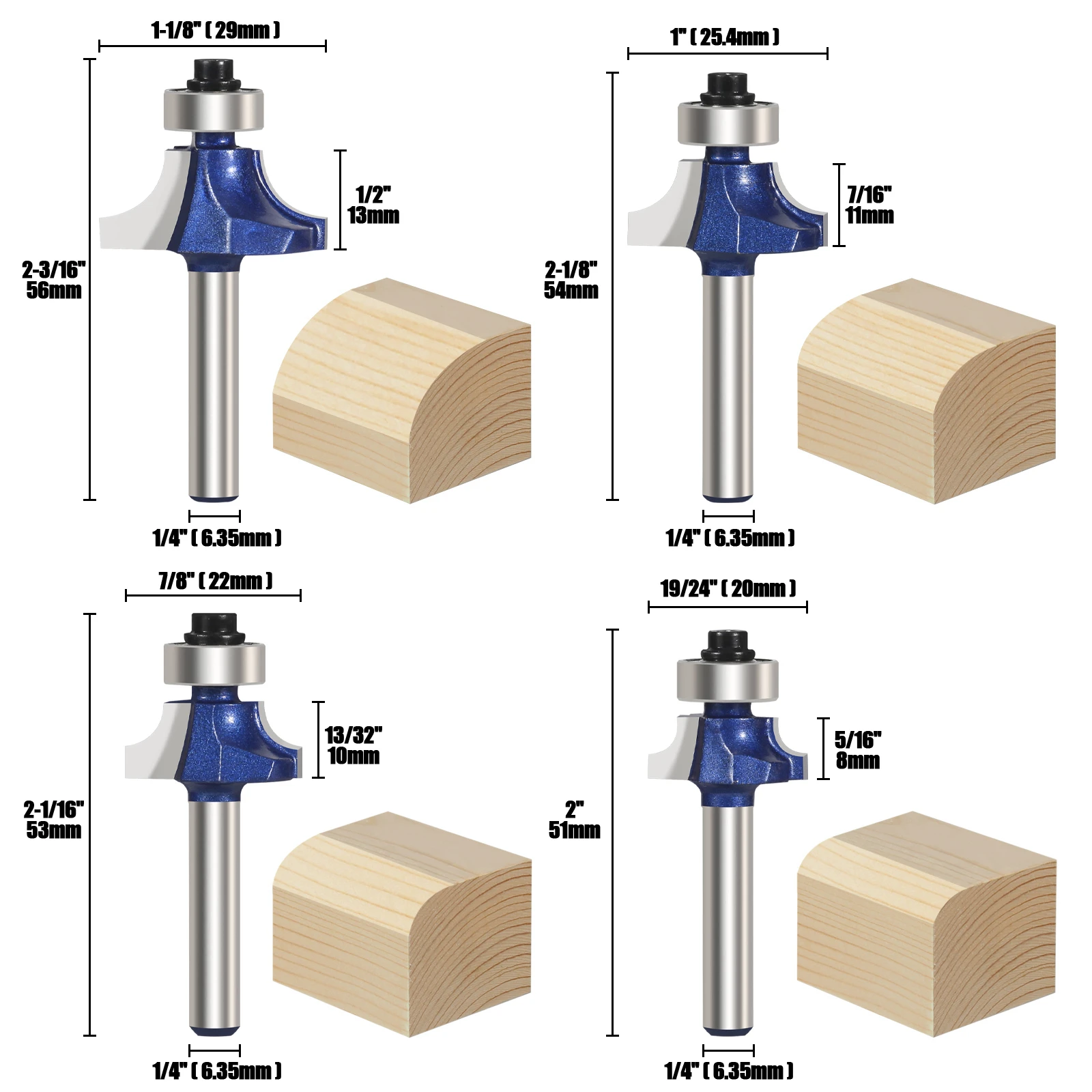 HEDA 4pcs 6.35mm 1/4” Shank Corner Round Professional level Over Router Bit Milling Cutter For Wood Woodwork Tungsten Carbide
