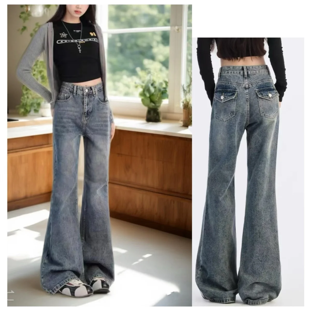 Calças Jeans Femininas de Cintura Alta com Corte Flare, Moda Retro Americana, Calças de Denim Casuais, Estilo Hot Girl, Calças Longas Versáteis para Uso Diário