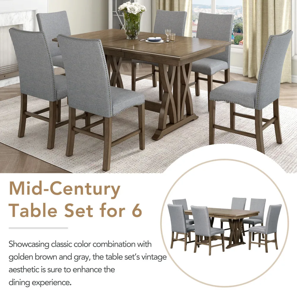 

7 Piece Dining Table Set, Extendable Kitchen Table Set With 6 Upholstered Chairs For Home Office Dining Room Kitchen Decoration