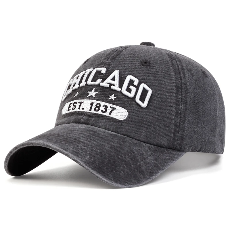 Unisex CHICAGO Brief Stickerei Waschen Baseball Caps Frühling und Herbst Outdoor Einstellbare Casual Hüte Sonnenschutz Hut Sport Kappe – Detail 1