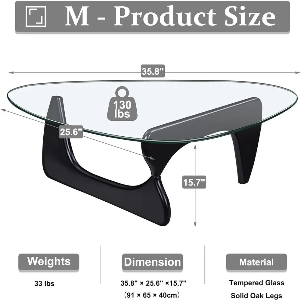 طاولة قهوة على شكل زجاجي مثلث مع قاعدة من الخشب الطبيعي لمساحات المعيشة والمكاتب (أسود/بني، متوسط، 35.8 × 25.5 × 16 بوصة)