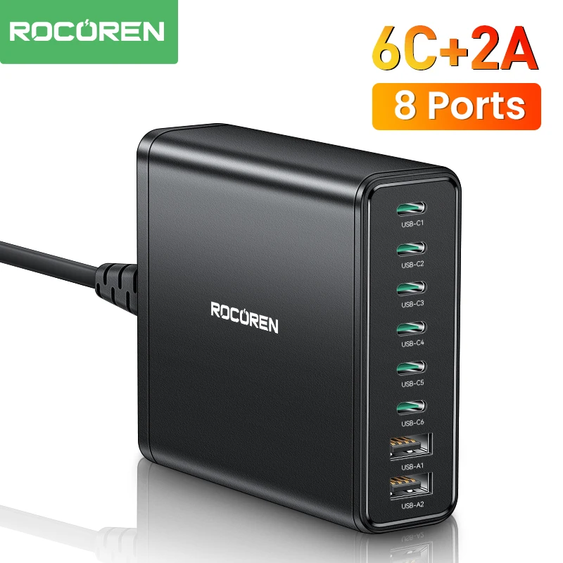 

Rocoren 200W 8 in 1 Multi Port High Speed Charger USB Type C PD Fast Charging Desktop Plug Board For iPhone 15 Samsung S23 Ultra