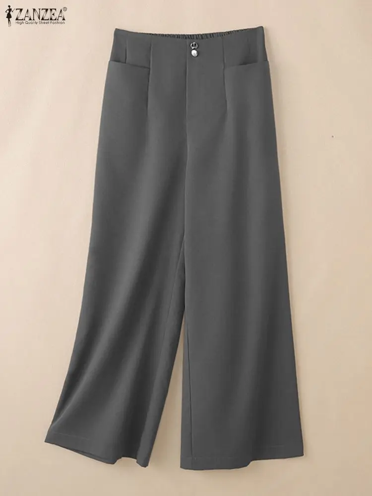 ZANZEA Fashion Women Wide Leg Pants 2026 Spring Elastic Waist Solid Color Loose Trousers Office Commuting Wear Woman Bottoms 3XL