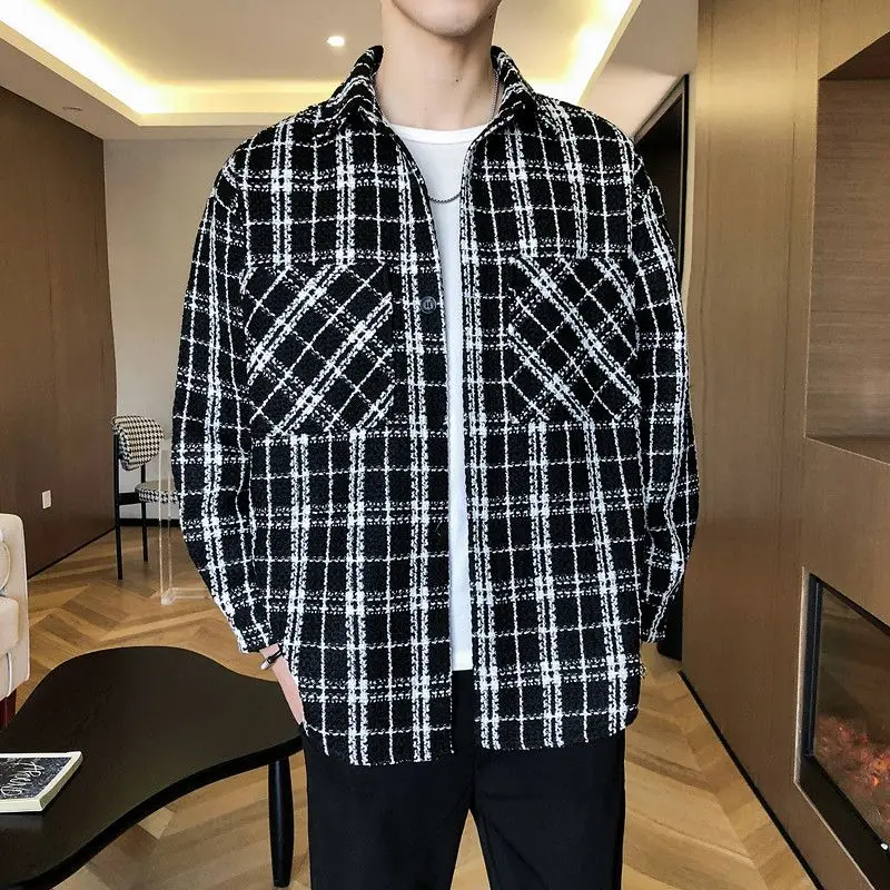 Bla الأبيض منقوشة الرجال الربيع Jaet Little Fraance Sle معطف الصوف زوجين ملابس خارجية عادية فضفاضة تناسب طويلة Sve #1