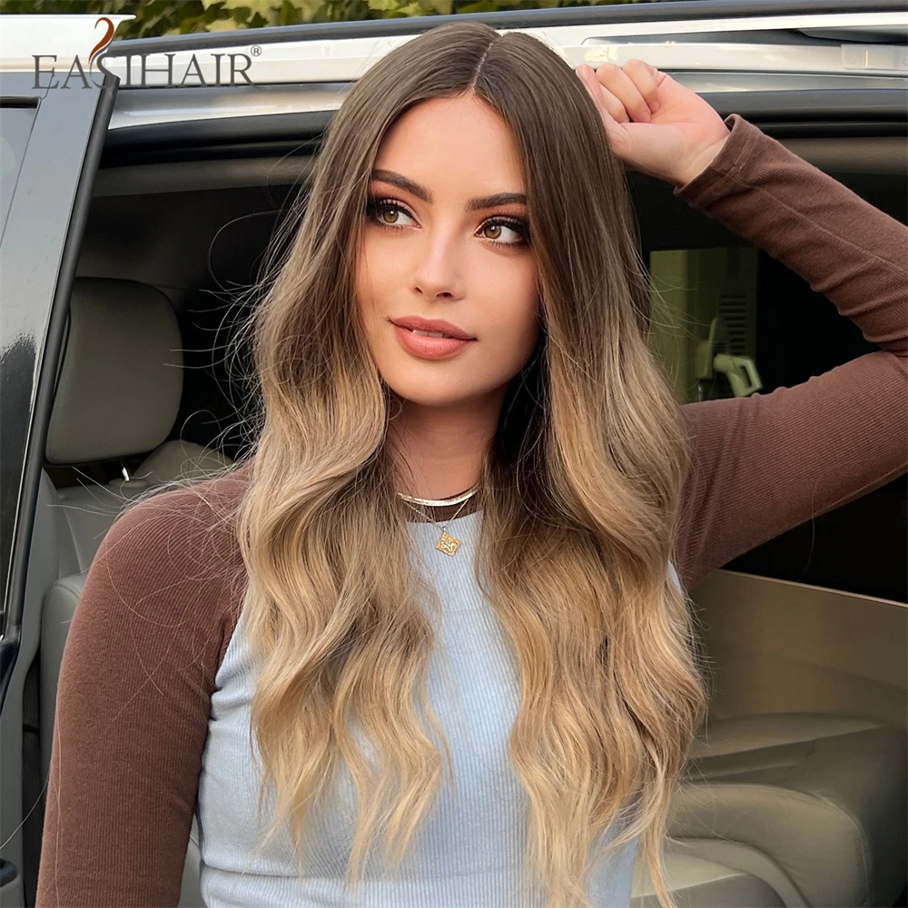 EASIHAIR Ombre Light Brown Blonde Long Water Wavy Synthetic Wigs Natural Middle Part Daily Hair for Women Cosplay Heat Resistant