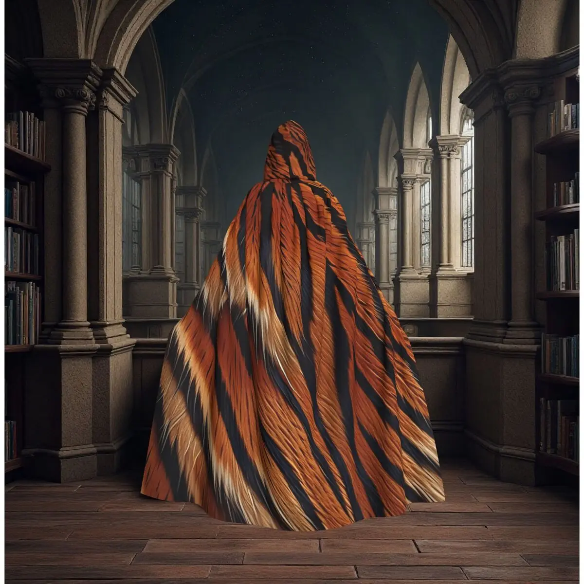 

Abstract Tiger Stripes Skin Pattern Long Hooded Cloak Witch Medieval Costume Cosplay Cape HalloweenCoat Adult Unisex