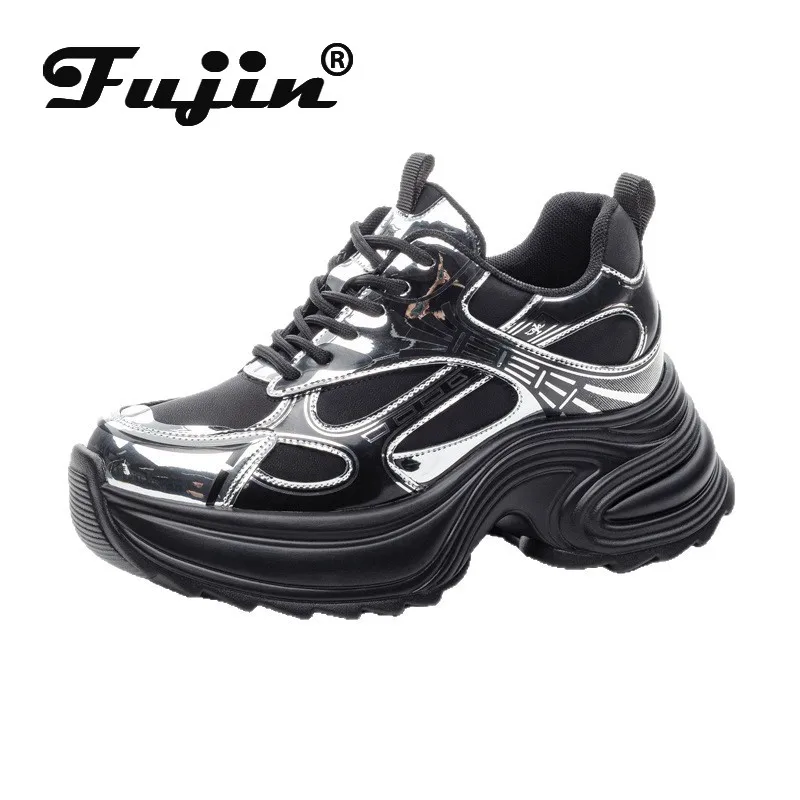 

Fujin/женские массивные кроссовки 9 см, женская повседневная обувь из натуральной кожи, женские модные кроссовки, прогулочная обувь, каблук на танкетке на платформе