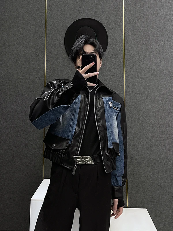 Retro patchwork in pelle denim Jaet uomo primavera autunno ort casual Sle tendenza coreana marca casual top