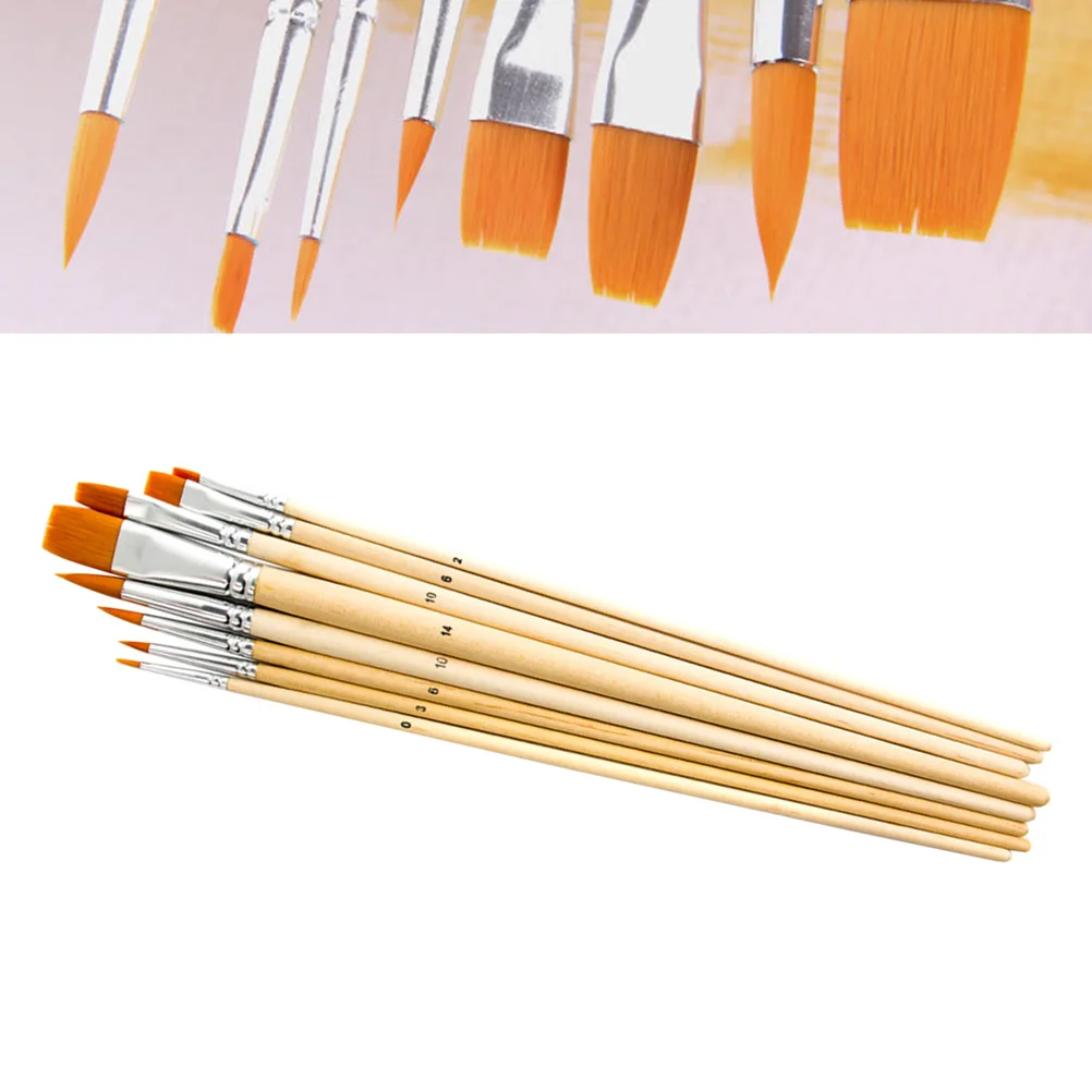 

8PCS Nylon Hair Paint Brush Set Artist Watercolor Wooden Oil Painting Supplies Round Pointed Tip and Flat Nylon Hair