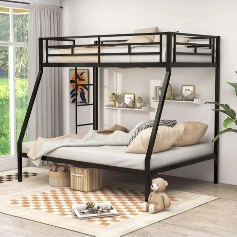 Bunk bed full size, metal bunk bed with ladder and steel frame support, space-saving bunk bed, noiseless, no box spring, white