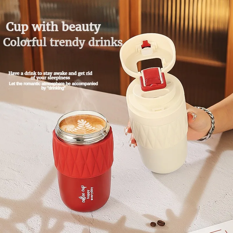 0.42L Ceramic Liner Thermos Cup for Girls High-value Cofee Mug with Straw Portable Double-drink Accompanying Water Cup Gifts