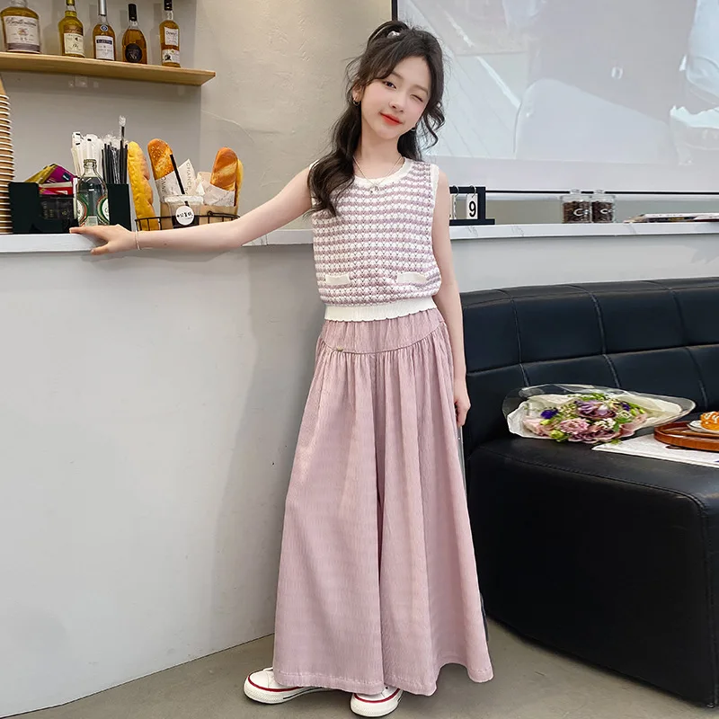 

Summer Children Girl 2PCS Clothes Set School Girl Knitted Hollow Out Striped Vest Junior Girl Wide-leg Pants Student Clothes Set