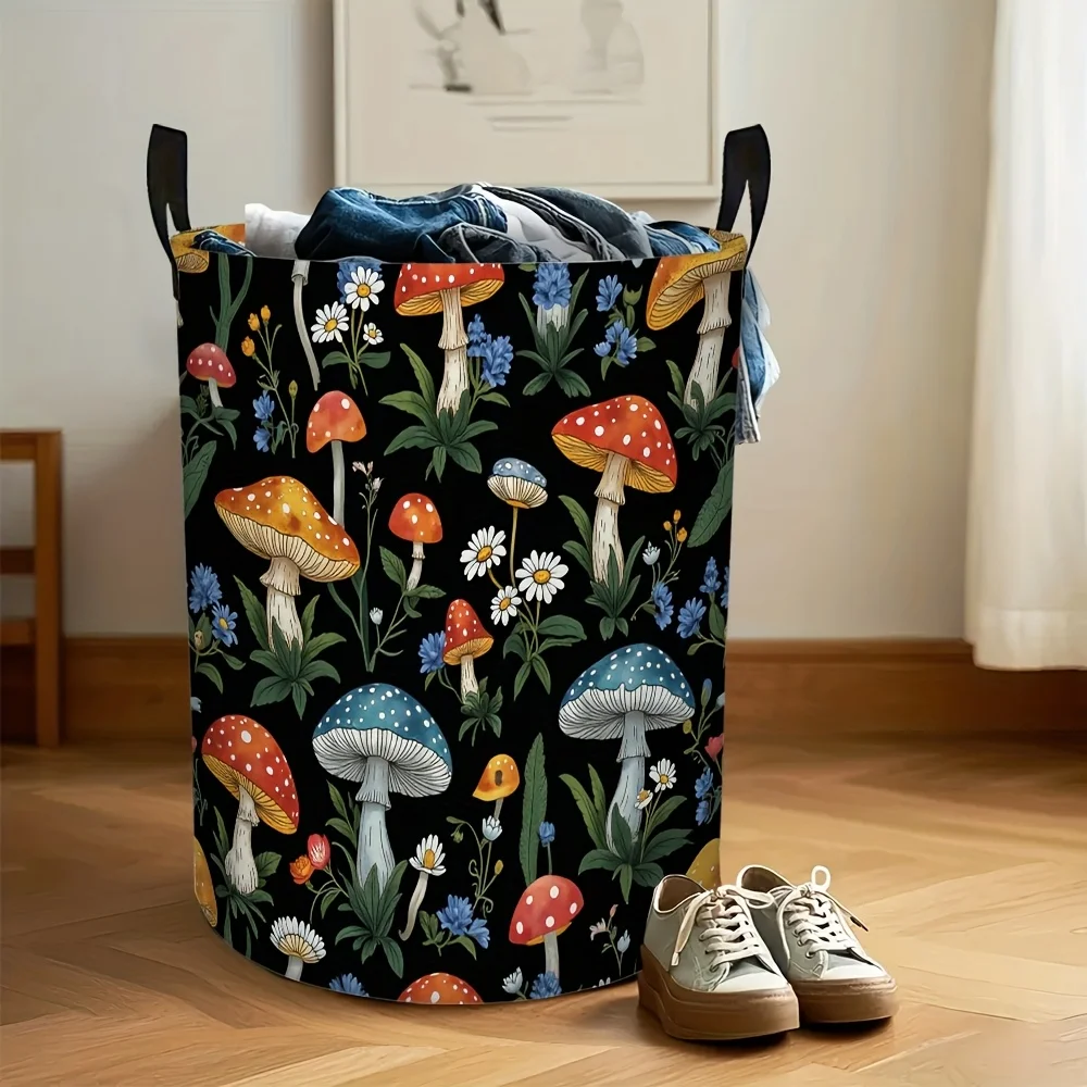 1 قطعة سلة غسيل قابلة للطي على شكل فطر ميدلي مع مقبض سلة تخزين متينة خفيفة الوزن، تصميم طباعة زهور الفطر النابضة بالحياة