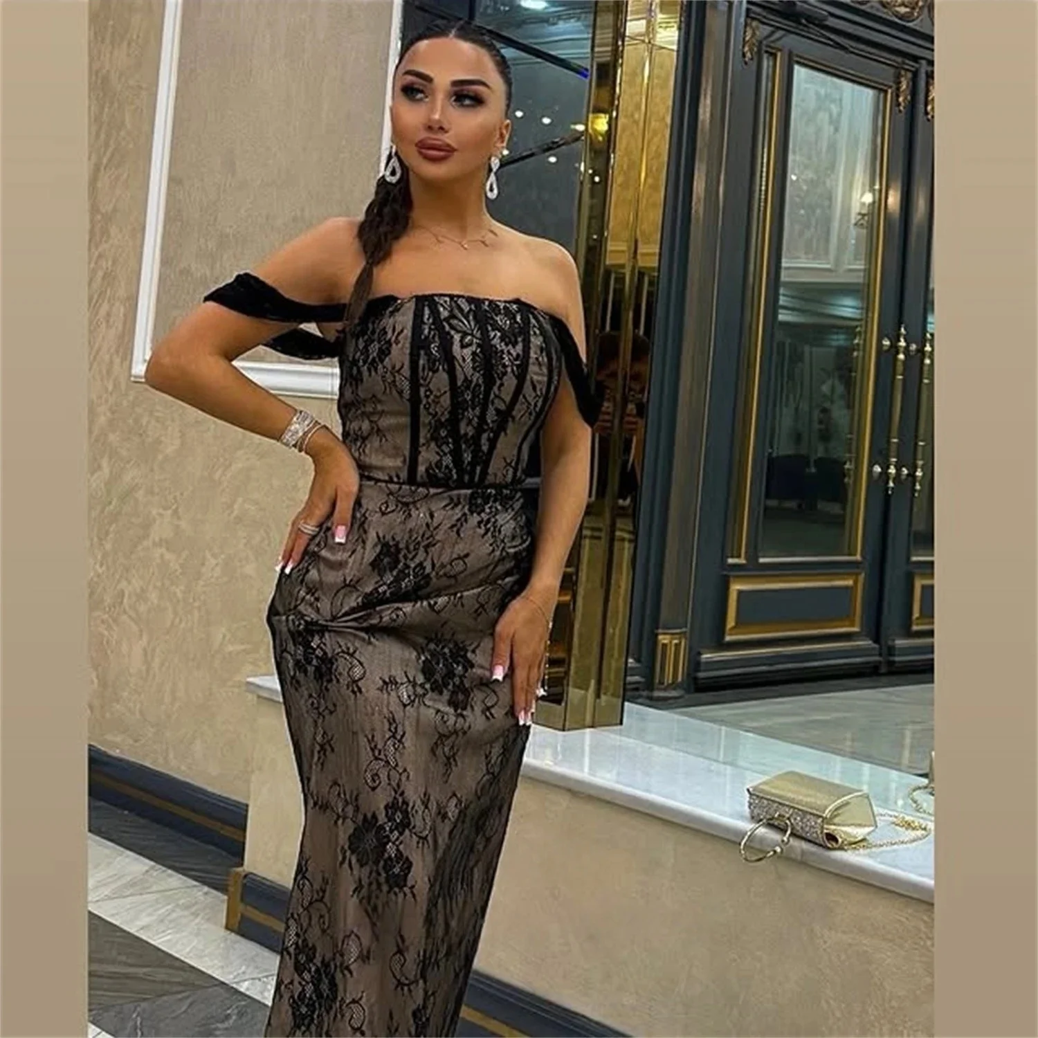 

Black Lace Long Bespoke Occasion Gown Evening Dresses Pastrol Unisex Jersey Retro Dubai Saudi Arabic Israel Prom Customized