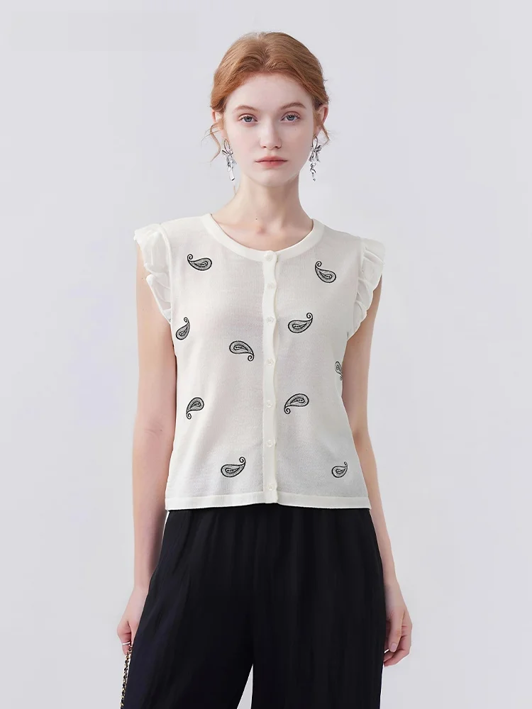 

La Chapelle Women's Knitted Vest Embroidered Feather Trim Commute Faion Design Summer Regular Length round Ne Button up