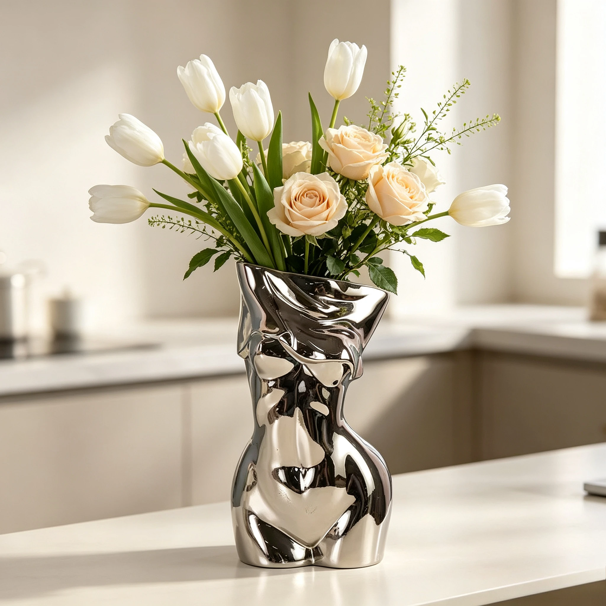 Abstract Female Bust Ceramic Vase, Electroplated  Body Flower Vase Minimalist Tabletop Home Decor Ornament