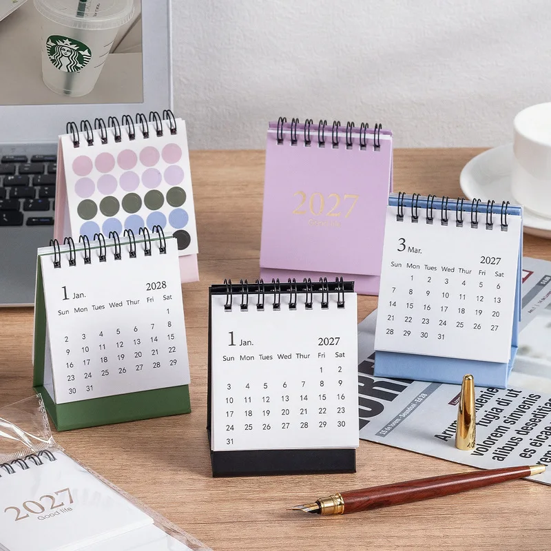 2027 Simple English Foil Stamping Mini Desk Calendar, Morandi Color Desktop Small Calendar, Office Table Decor Ornament Planner