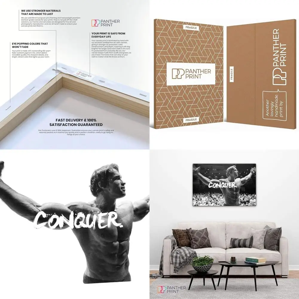 Stilvolle große Panther-Druck-Wandkunst – 30 x 20 Zoll große Leinwand, Wohnzimmerdekoration, inspirierendes Schwarzenegger-Zitat