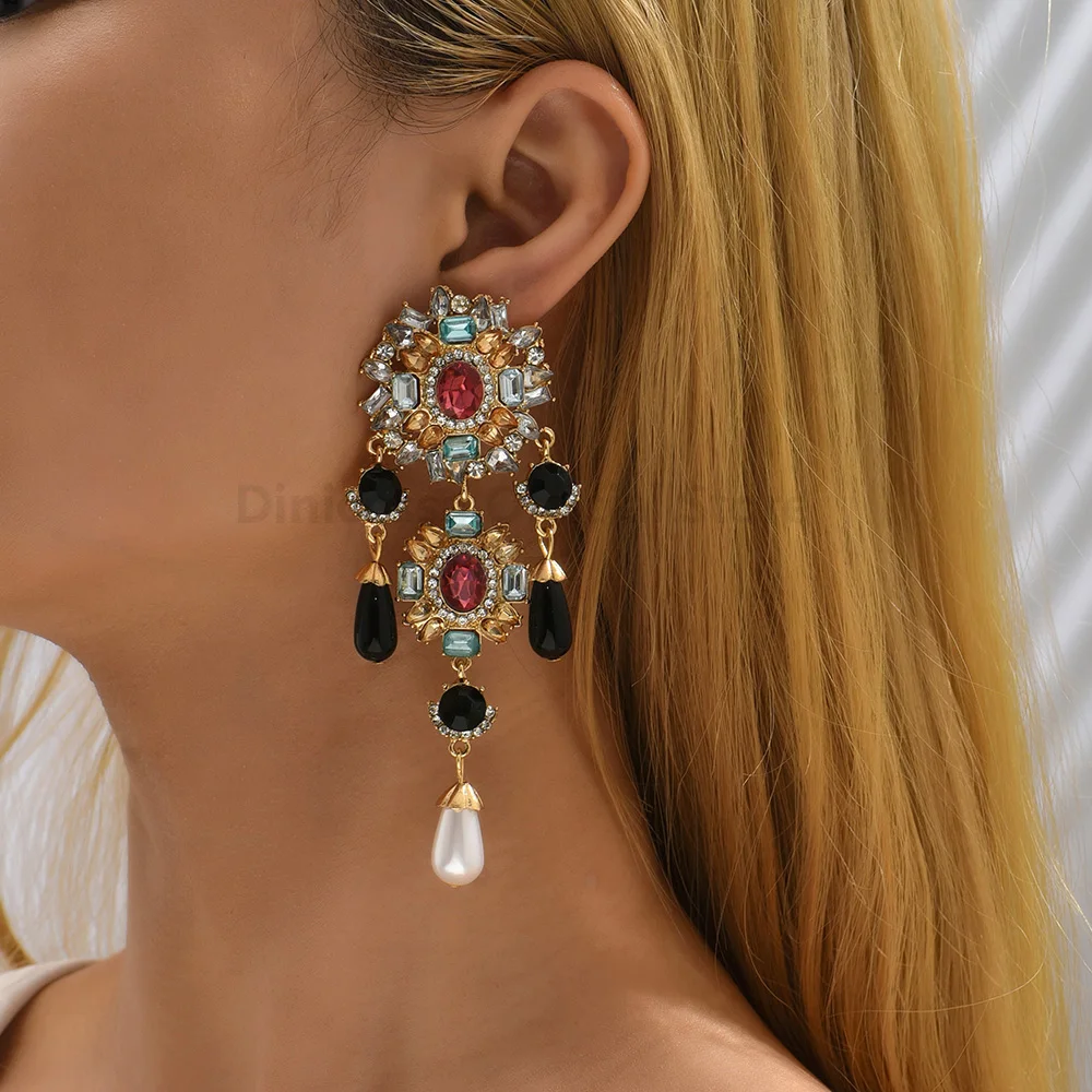 Bohemian Luxury Imitation Pearl Decor Vintage Drop Earrings For Women Fashion Elegant Ethnic Statement Jewelry Ear Accessories