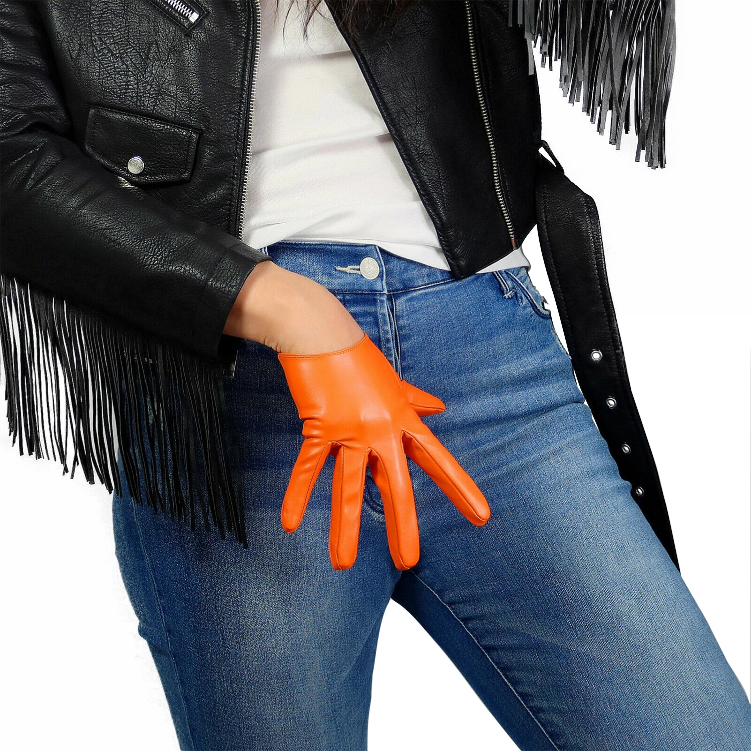 

Extra Short Orange GLOVES 16CM Soft Faux Leather Evening Party Dressing Opera Halloween Custome Fashion Club Glove