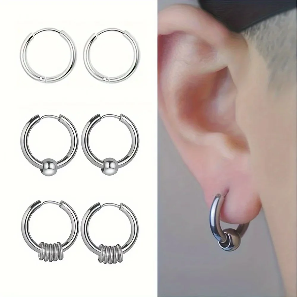 3 Pairs of Stainless Steel Silver Earrings Set Punk Hip-Hop Casual Style Hypoallergenic Small Hoop Earrings for Men and Women
