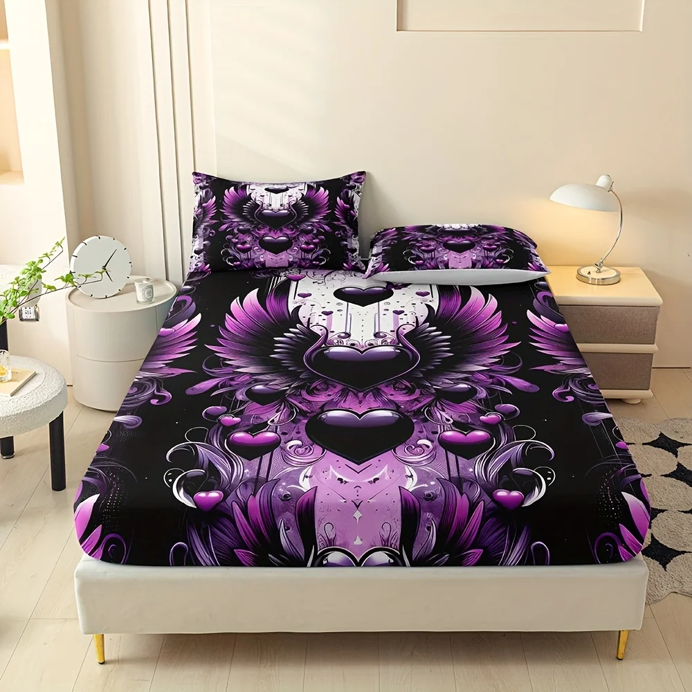 1pc Fitted Sheet Purple Heart-shaped Wing Print 100% Polyester Cover Breathable Bedding Set Home Decor without Pillowcases