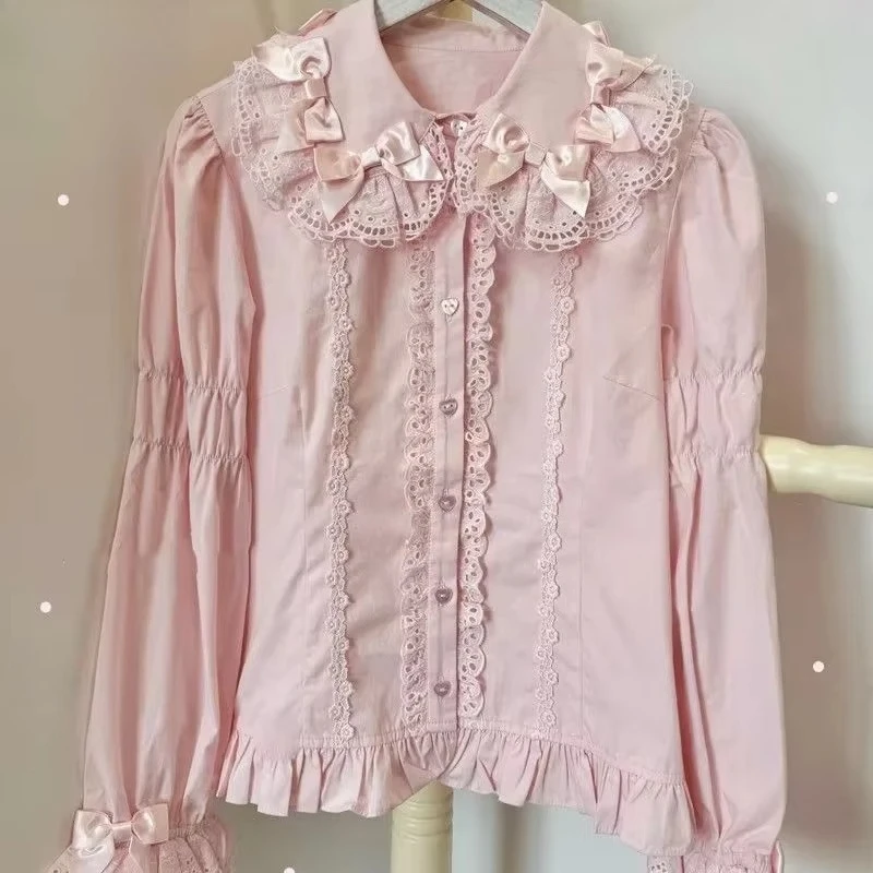 Women Sweet Lolita Blouse Peter Pan Collar Ruffles Long Sleeve Harajuku Top