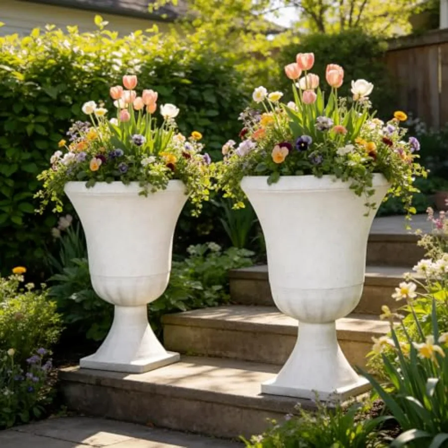Outdoor planters for porch and patio use, terrazzo white plastic urn pots with drainage holes, set of 2, 22-inch large flower p