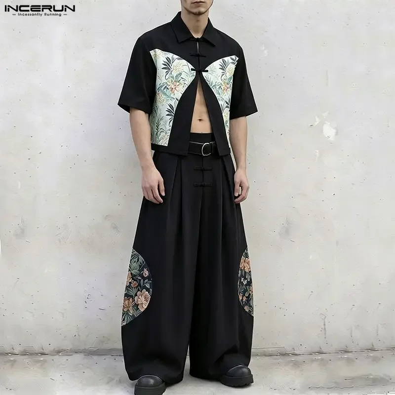 

INCERUN Men's Sets Printing Patchwork Lapel Short Sleeve Shirt Wide Leg Pants Two Piece Sets Streetwear 2026 Men Matching Sets