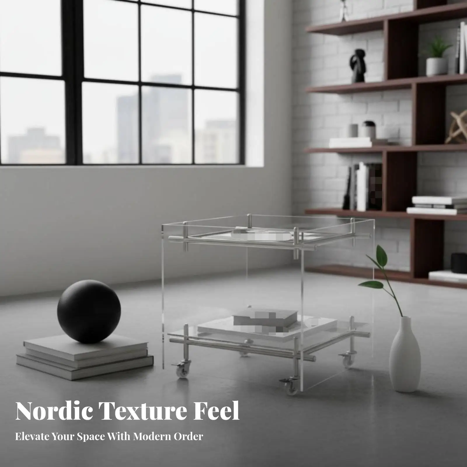 Acrylic Rolling Bar Cart with Stainless Steel Frame for Living Room Side Table Storage Trolley