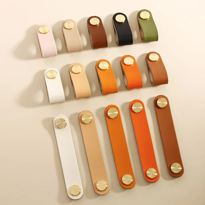 

Nordic Cowhide Leather Handles - Brass Copper Kitchen Cabinet Drawer Knobs for Kids Room Furniture Door Hardware