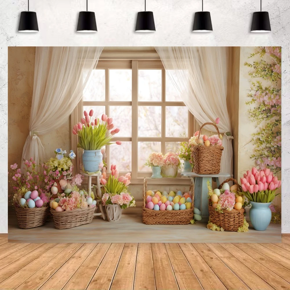 Ostern Indoor Fenster Fotografie Hintergrund Frühling Gras Zelt Blume Kaninchen Eier Kinder Familie Porträt Hintergrund Foto Studio Prop