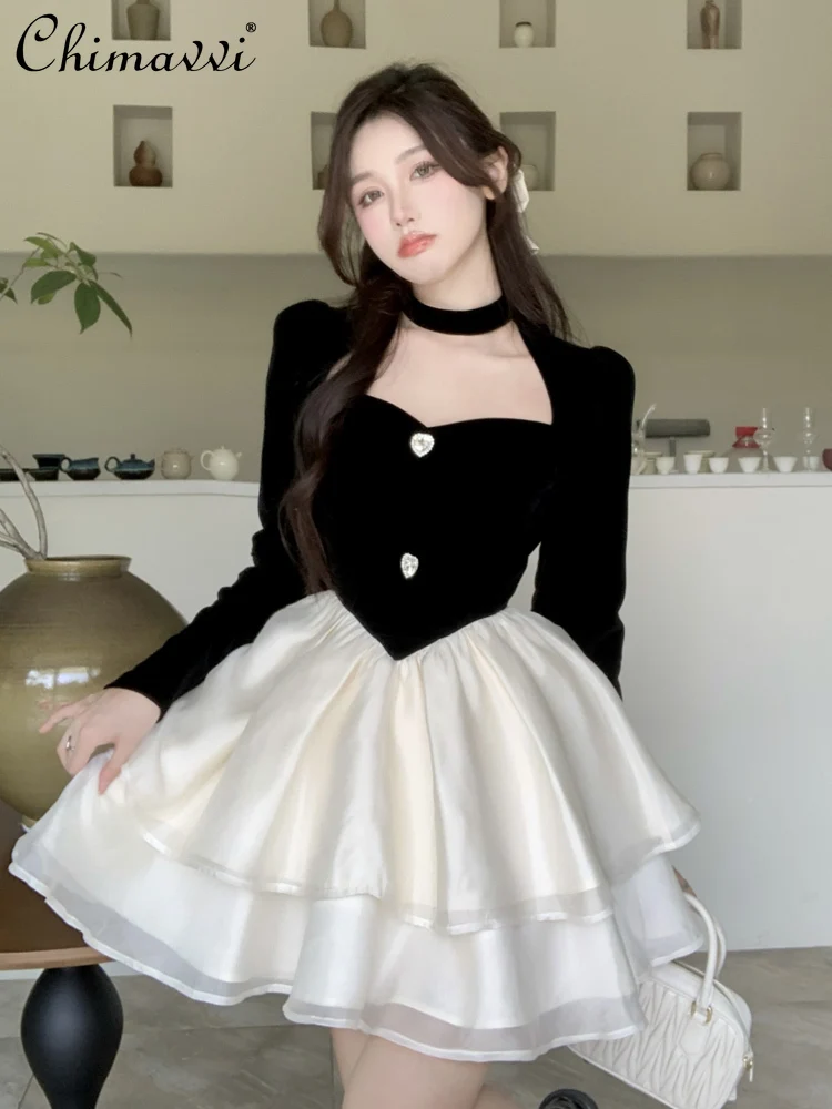 

French Style Puff Sleeve Peach Collar Velvet Dress Women Spring High Waist Slim Birthday Princess Cake Pettiskirt Evening Dress