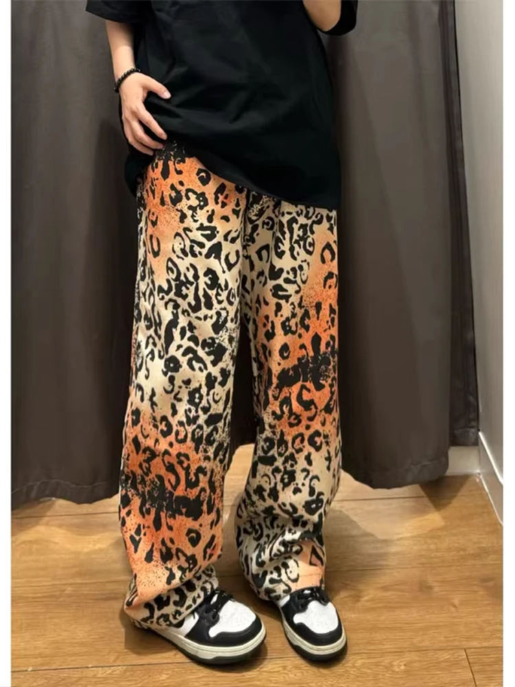 

Свободные мужские джинсовые брюки прямого кроя с леопардовым принтом в стиле ретро для молодежи, модные, для летнего сезона