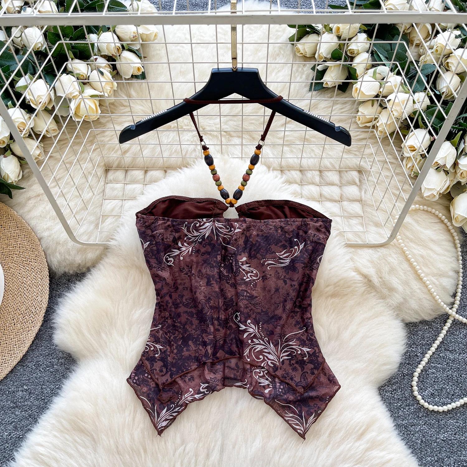 Female Hotsweet Y2K Beading Tops Shirts Print Halter Strapless Camis Crop Tops Lady Tropical Nightclub Tanks Women Party Tees