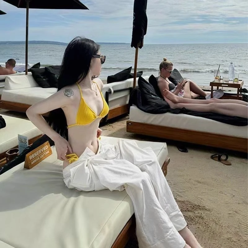 

Американский сексуальный купальник-бикини из двух частей, желтый, однотонный, с открытой спиной, в пляжном стиле, для отпуска, вечеринок у бассейна, весна-лето