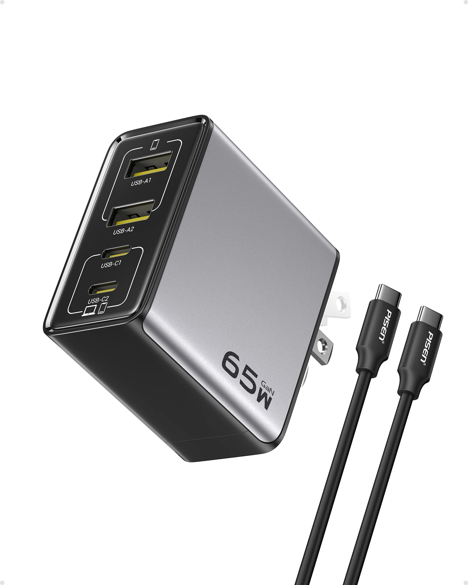 PISEN 65W 4-Port GaN Charger w/ 4FT C-C Cable, Fast Charge for MacBook, iPhone 16-14, iPad, Galaxy S24, Pixel 8, Steam Deck