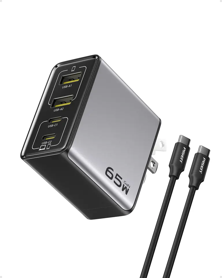 Pisen 65W 4-Port GaN Wall Charger with 4ft USB-C Cable for Phones & Laptops