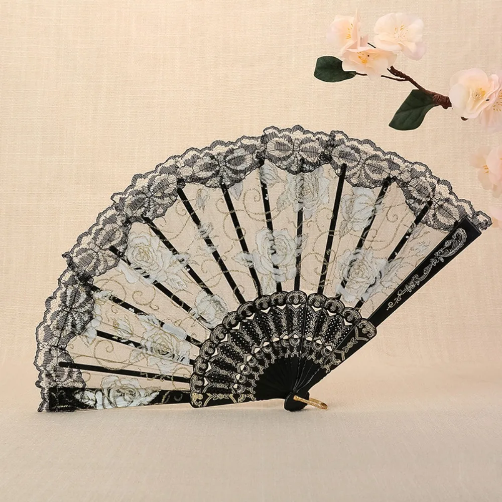 Craft Handheld Ladies Lace Hand Fan Plastic Handle Translucent Folding Fan Rose Pattern Spanish Fan Dance Prop