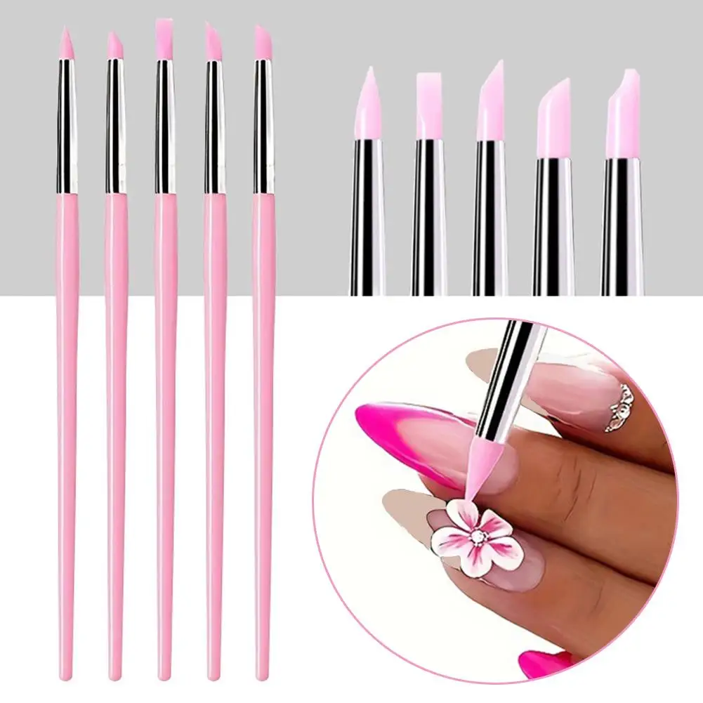 5Pcs Silicone Nail Brush Carving Emboss Hollow Gel Shaping Pink Nail Art Sculpture Pen Drawing Brushes