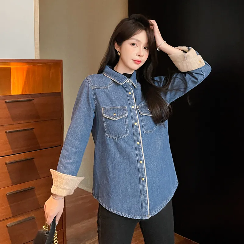 2023 Autumn Winter Thick Fleece Women\'s Denim Shirts Korean Fashion Jeans Lady Blouse Warm Long Sleeve Loose Female Tops KE3129