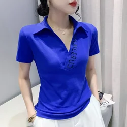 Polo Neck Shirt for Women Embroidery Baggy Plain Woman T Casual Tops Korean Clothing Luxury Basic High Quality Synthetic New