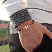 Simple Black Beads Braclets for Men Boys,Gold Color Cross Chain Link Adjustable Wristband,Faith Prayer Jewelry Gifts