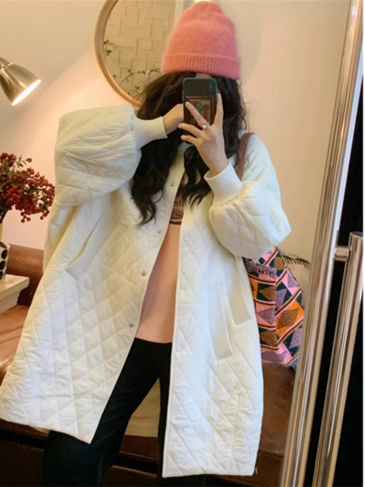 Thiened Jaet de algodón ligero para mujer, abrigo holgado de longitud media, cálido, Retro, redondo, con cierre de botón Ne, invierno