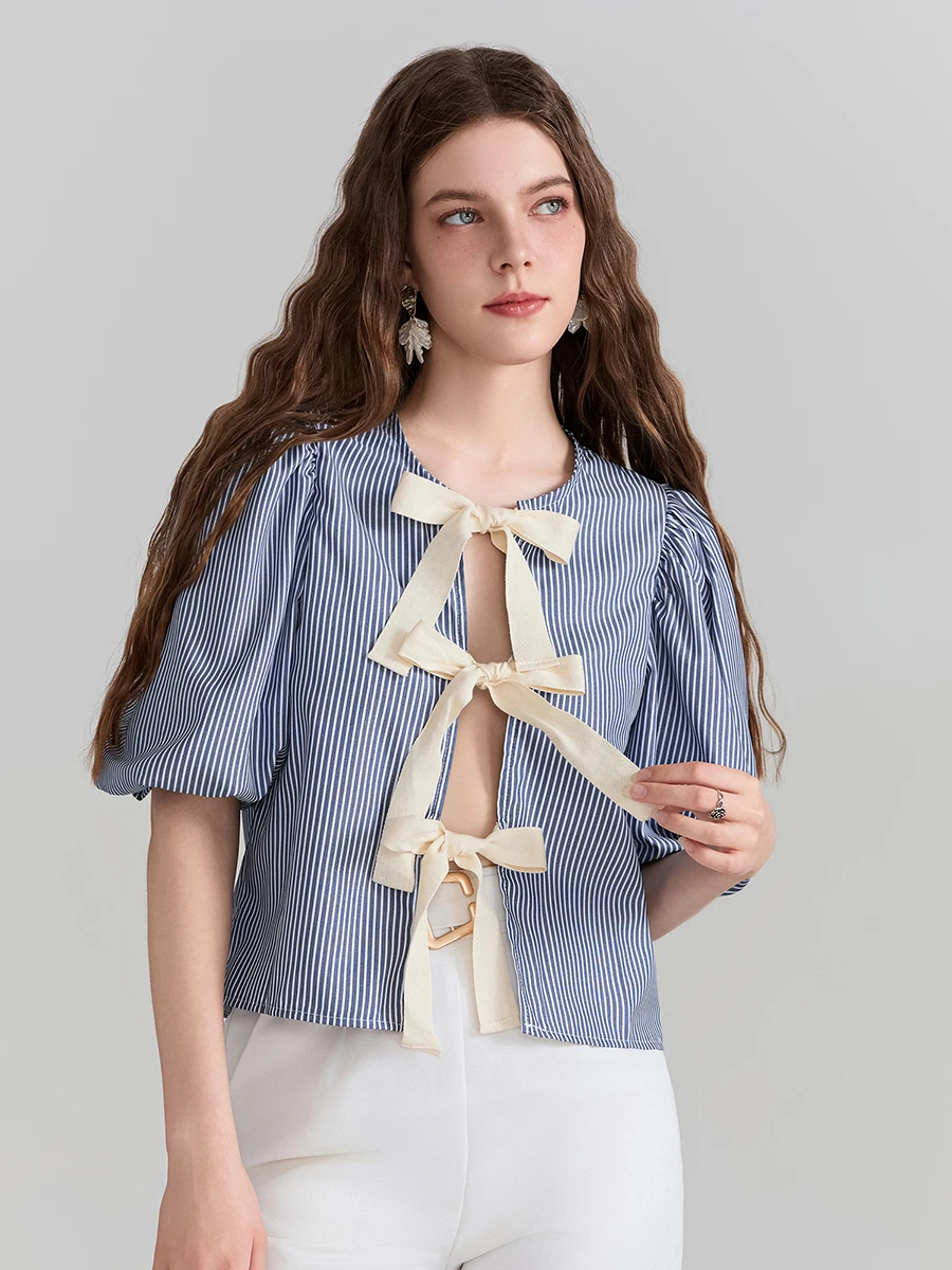 Y2k Women Short Puff Sleeve Shirts Striped Bow Tie Front Open Crop Tops Ruffle Cute Teen Girl Lace Up Blouse