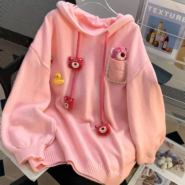 

Hsa Korean BeautY Pink Strawberry Sweater Bear Hooded Pullover Sweater for Women's 2023 New Autumn/Winter Outwear Loose Korean