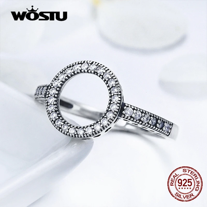 WOSTU Hot Sale Real 925 Sterling Silver Lucky Circle Finger Rings For Women Heart CZ Rings Fashion Jewelry Gifts Dropshipping