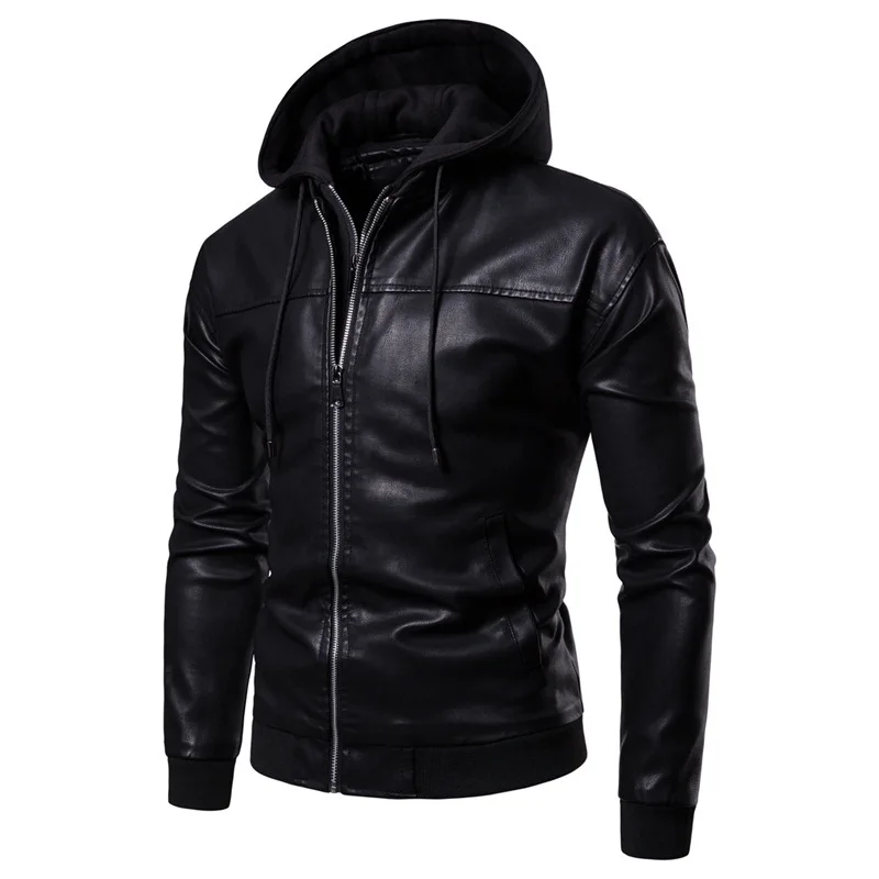 

New cotton hooded leather men's trend biker jacket Men's autumn and winter thick long-sleeved coat leather clothes